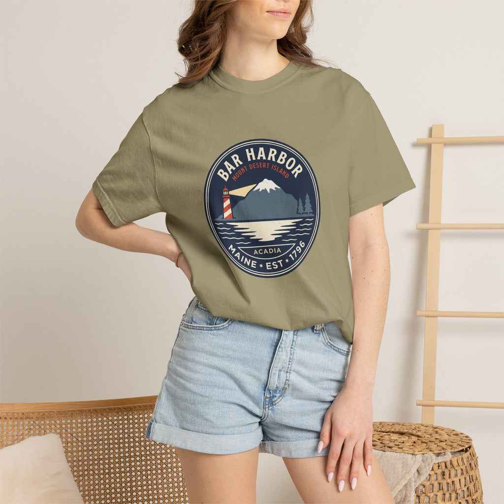 Bar Harbor Maine tee, Acadia vintage badge with lighthouse, Cadillac Mountain and evergreens in a navy roundel, EST. 1796