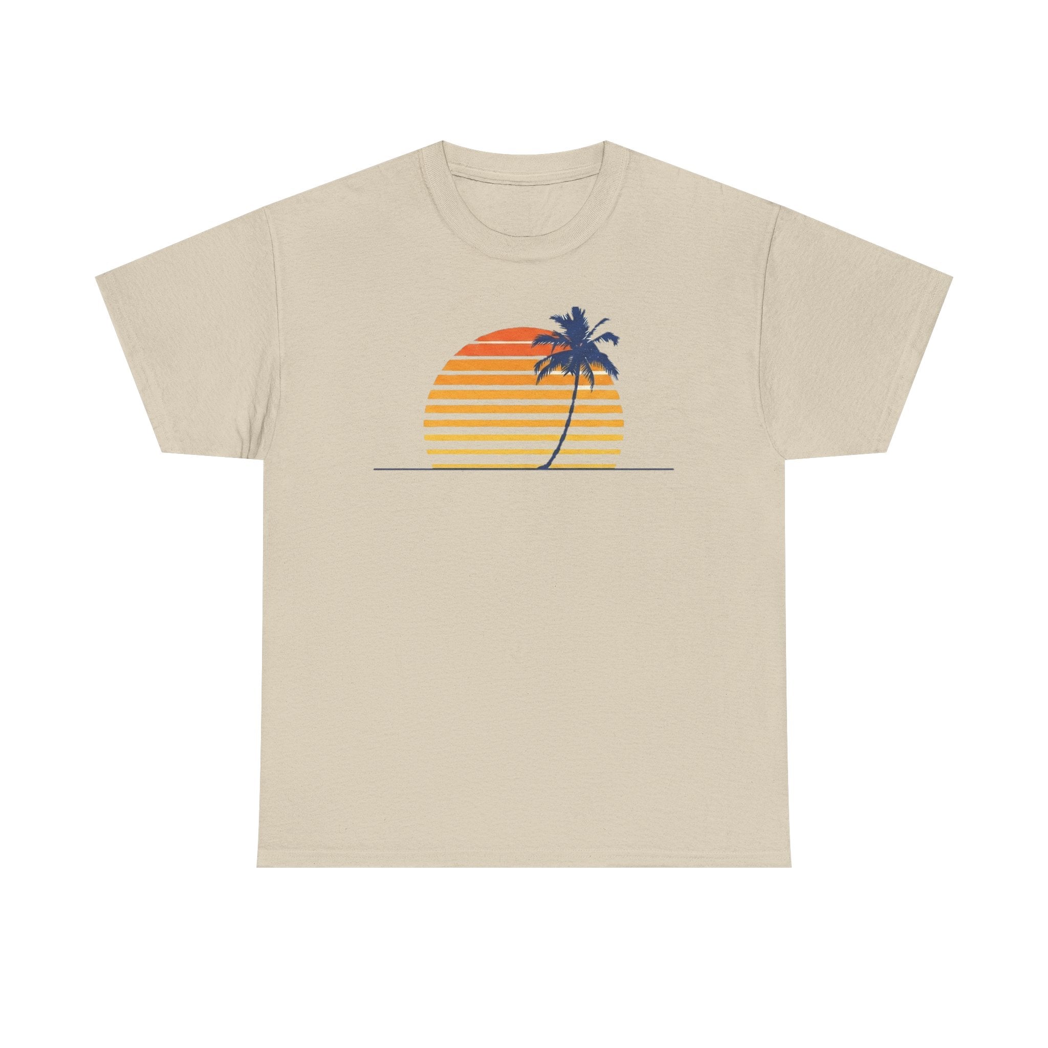 Retro Palm and Sunset tee on a natural garment-dyed shirt, minimalist 80s striped sunset with a navy palm tree silhouette, vintage beach summer graphic