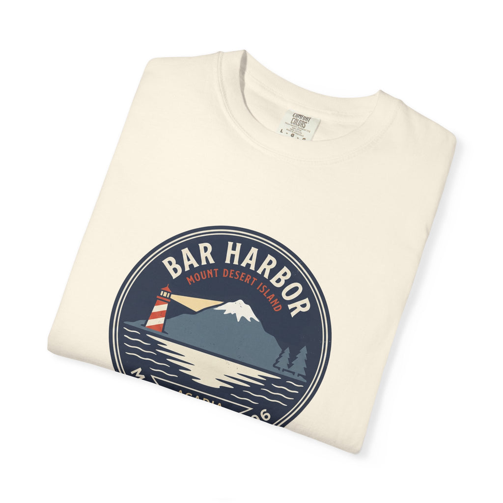 Bar Harbor Maine tee, Acadia vintage badge with lighthouse, Cadillac Mountain and evergreens in a navy roundel, EST. 1796