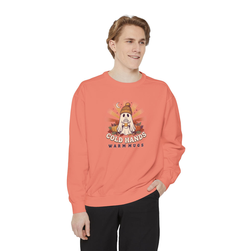 Cozy Ghost Crewneck Sweatshirt | Cold Hands Warm Mugs Fall Coffee Art | Comfort Colors Garment Dyed