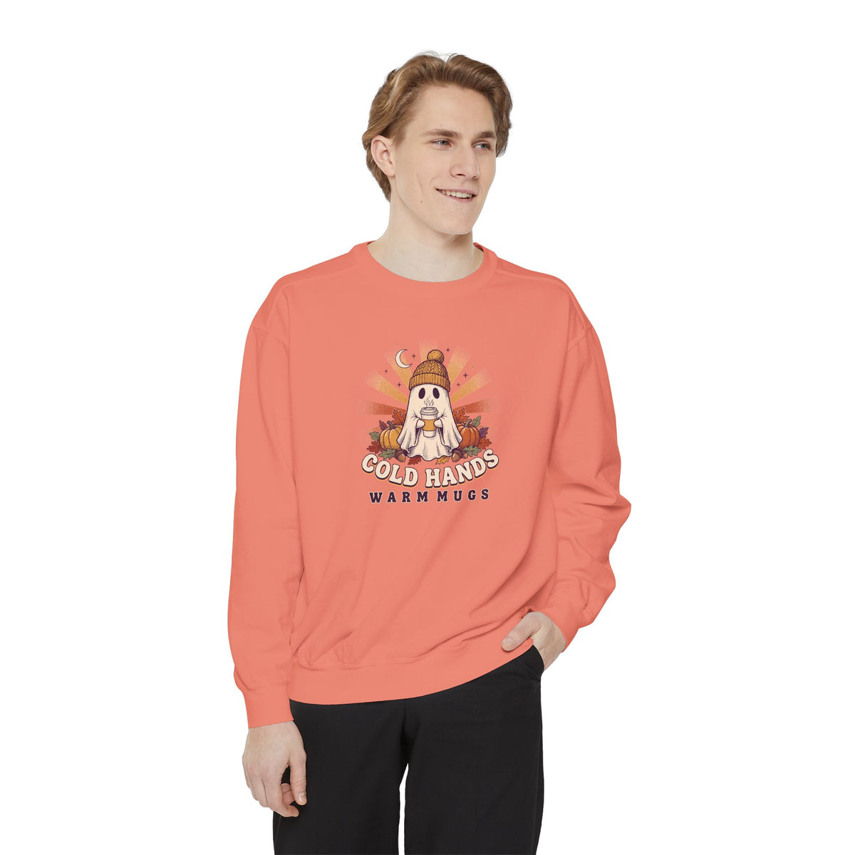Cozy Ghost Crewneck Sweatshirt | Cold Hands Warm Mugs Fall Coffee Art | Comfort Colors Garment Dyed