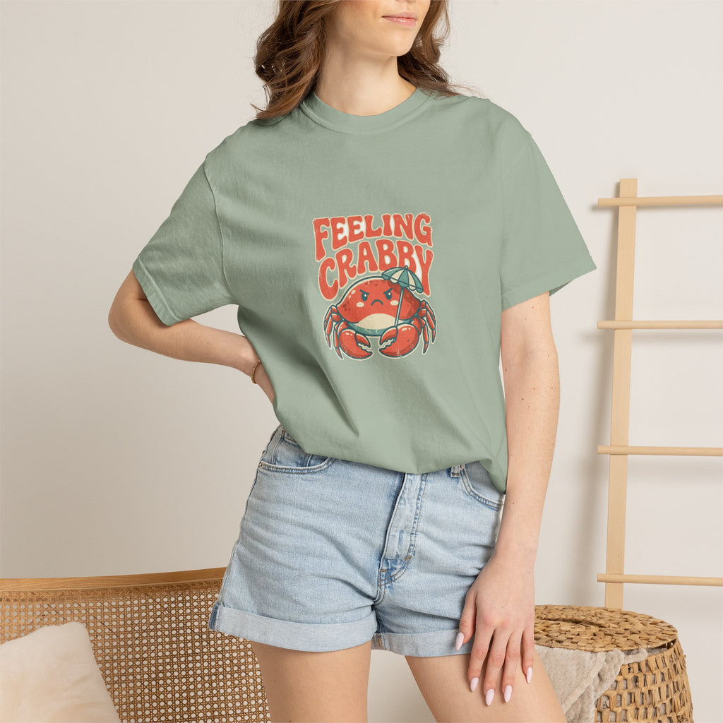 Feeling Crabby graphic tee with a grumpy retro crab beach design on Comfort Colors garment dyed cotton