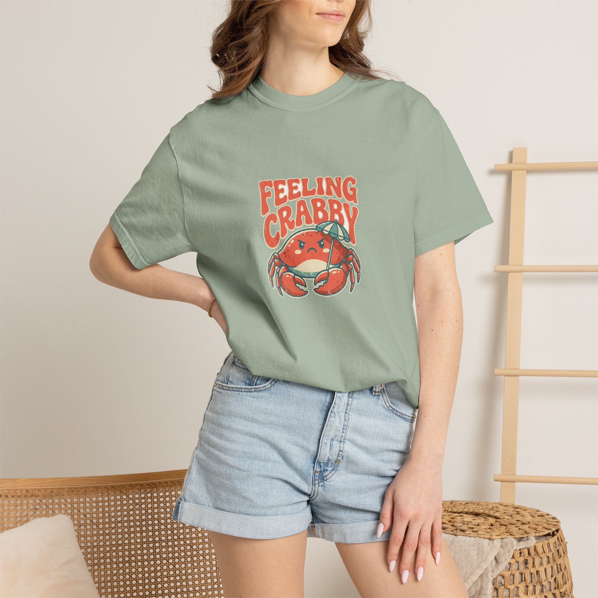 Feeling Crabby graphic tee with a grumpy retro crab beach design on Comfort Colors garment dyed cotton