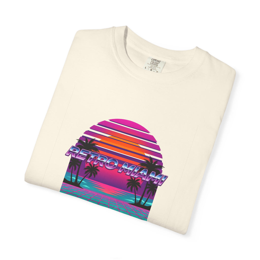Retro Miami Sunset Tee in Blue Jean — Comfort Colors Synthwave Shirt
