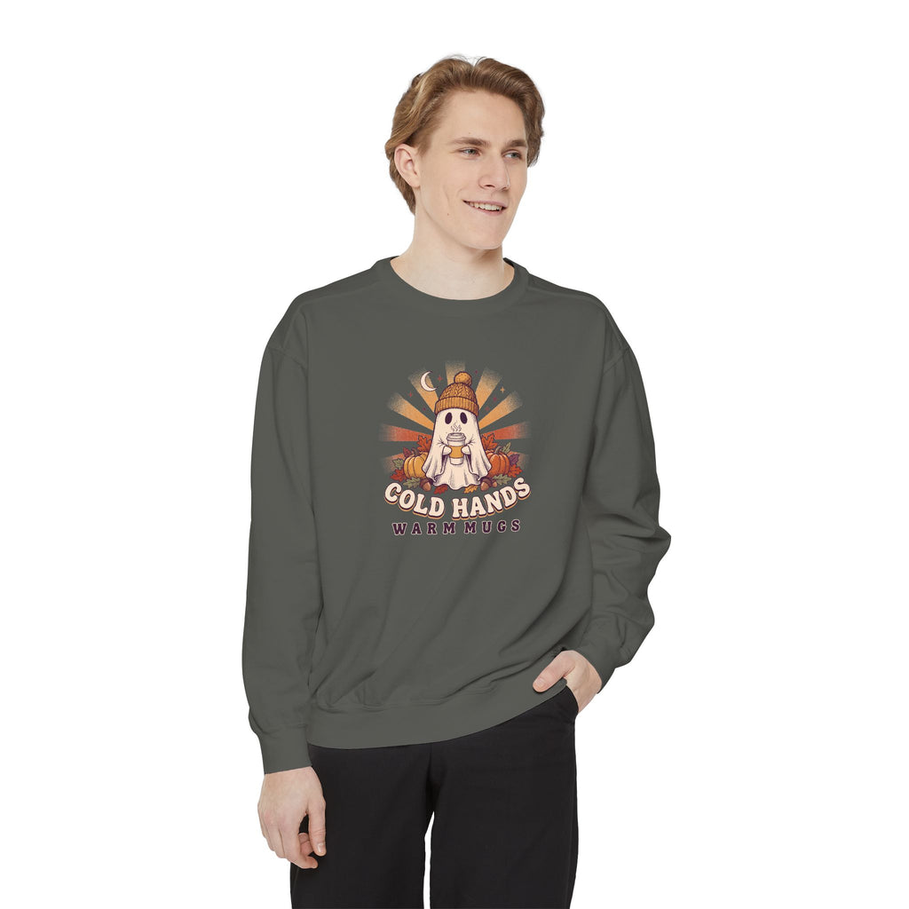 Cozy Ghost Crewneck Sweatshirt | Cold Hands Warm Mugs Fall Coffee Art | Comfort Colors Garment Dyed