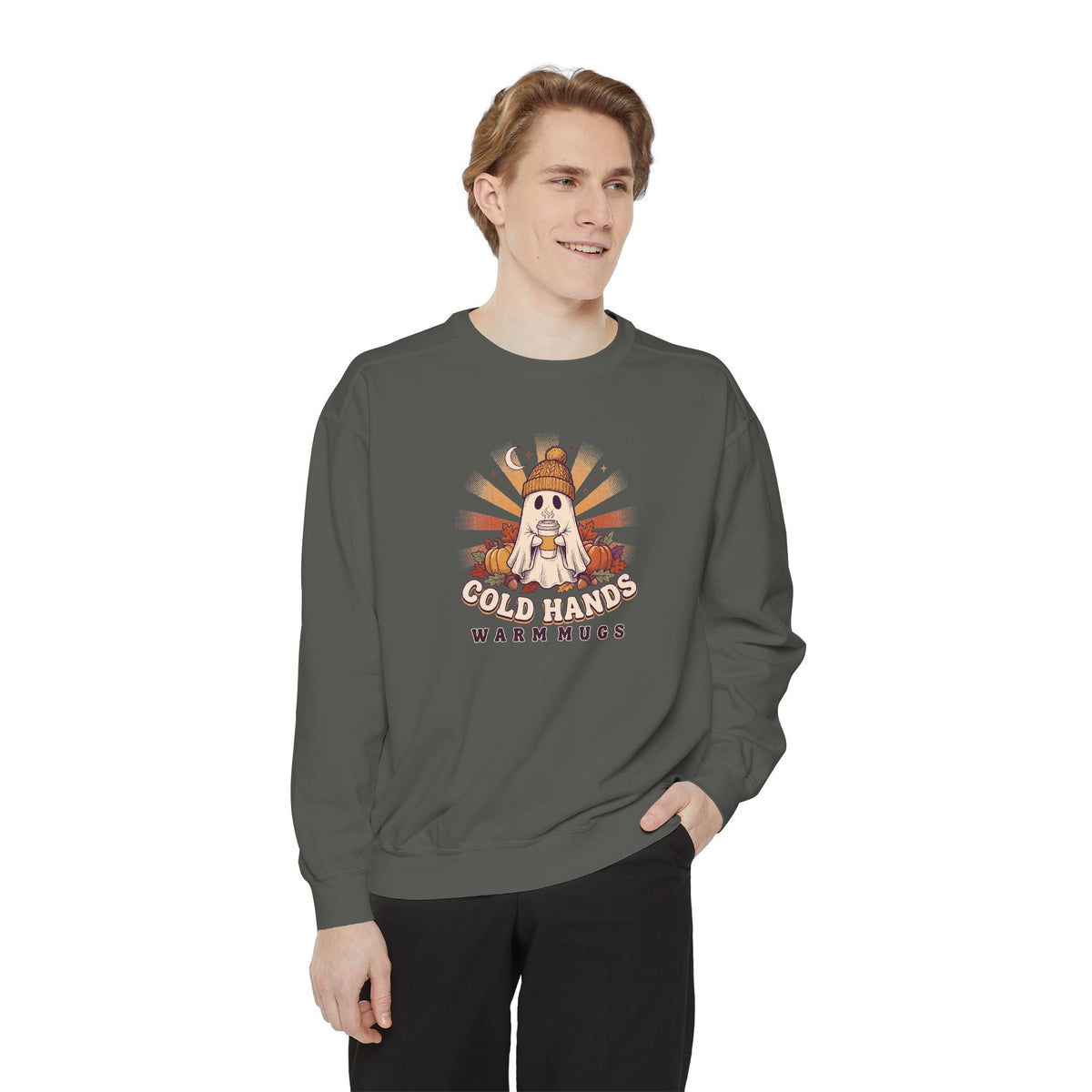 Cozy Ghost Crewneck Sweatshirt | Cold Hands Warm Mugs Fall Coffee Art | Comfort Colors Garment Dyed