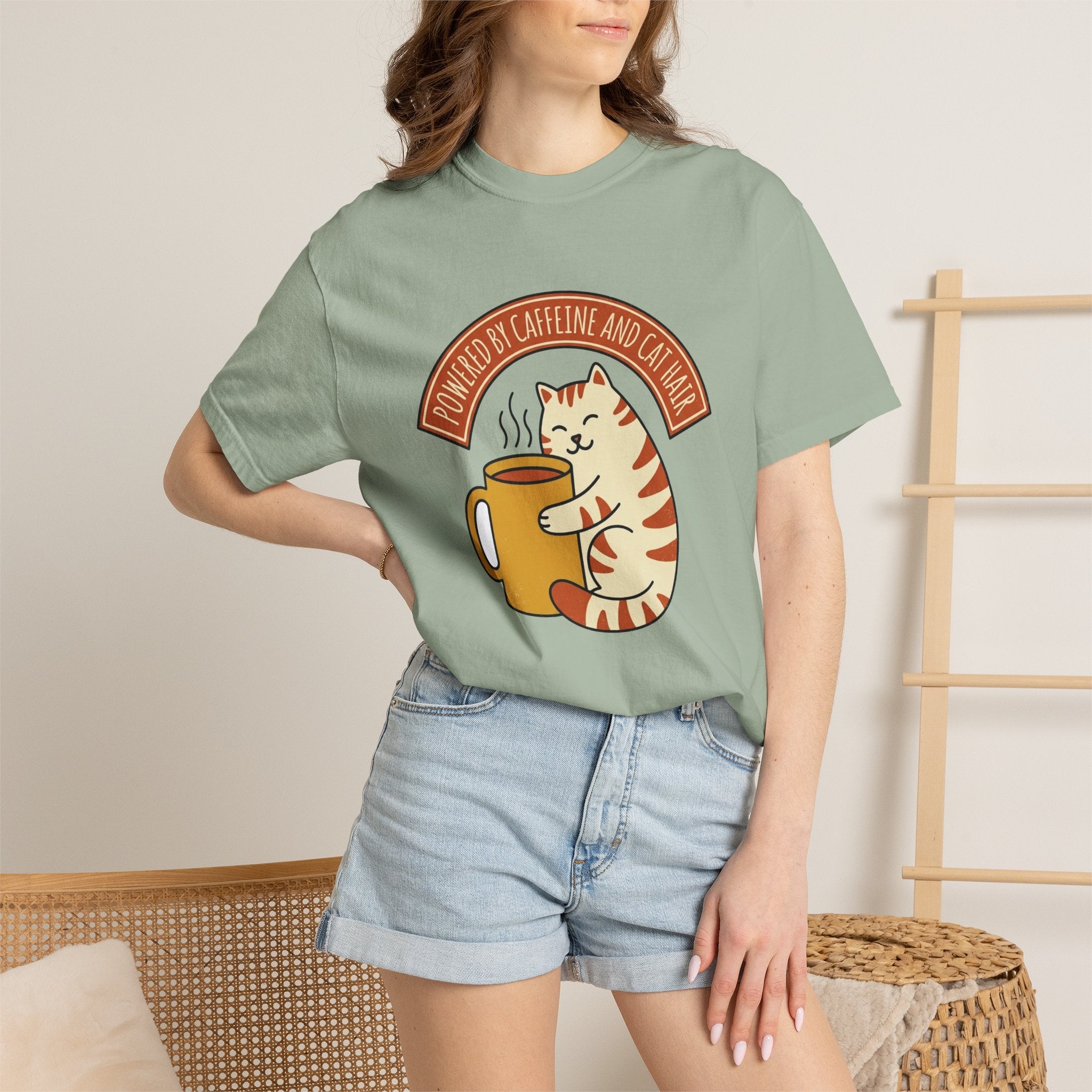 Cat Coffee Powered by Caffeine tee on Comfort Colors garment-dyed cotton, alternate product view