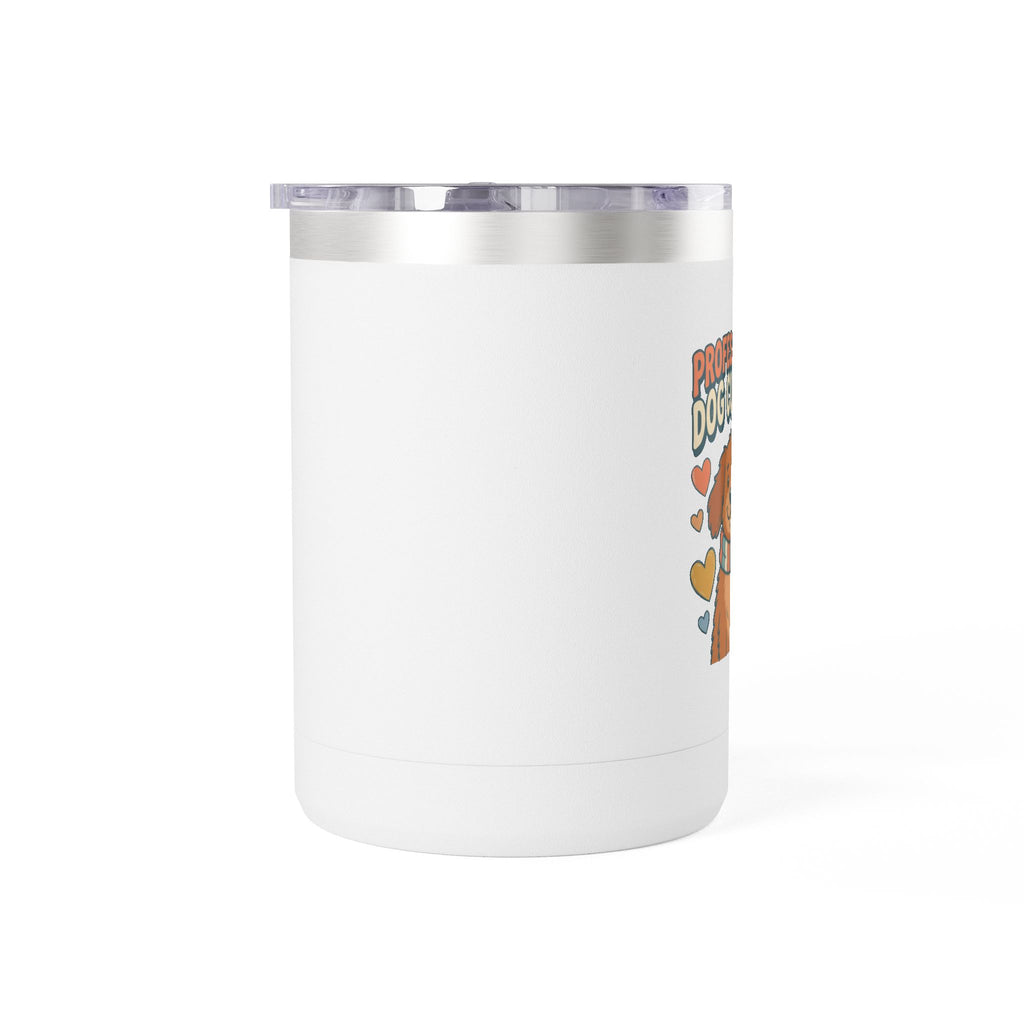 Professional Dog Cuddler insulated travel tumbler — retro dog mom design, photoreal mockup