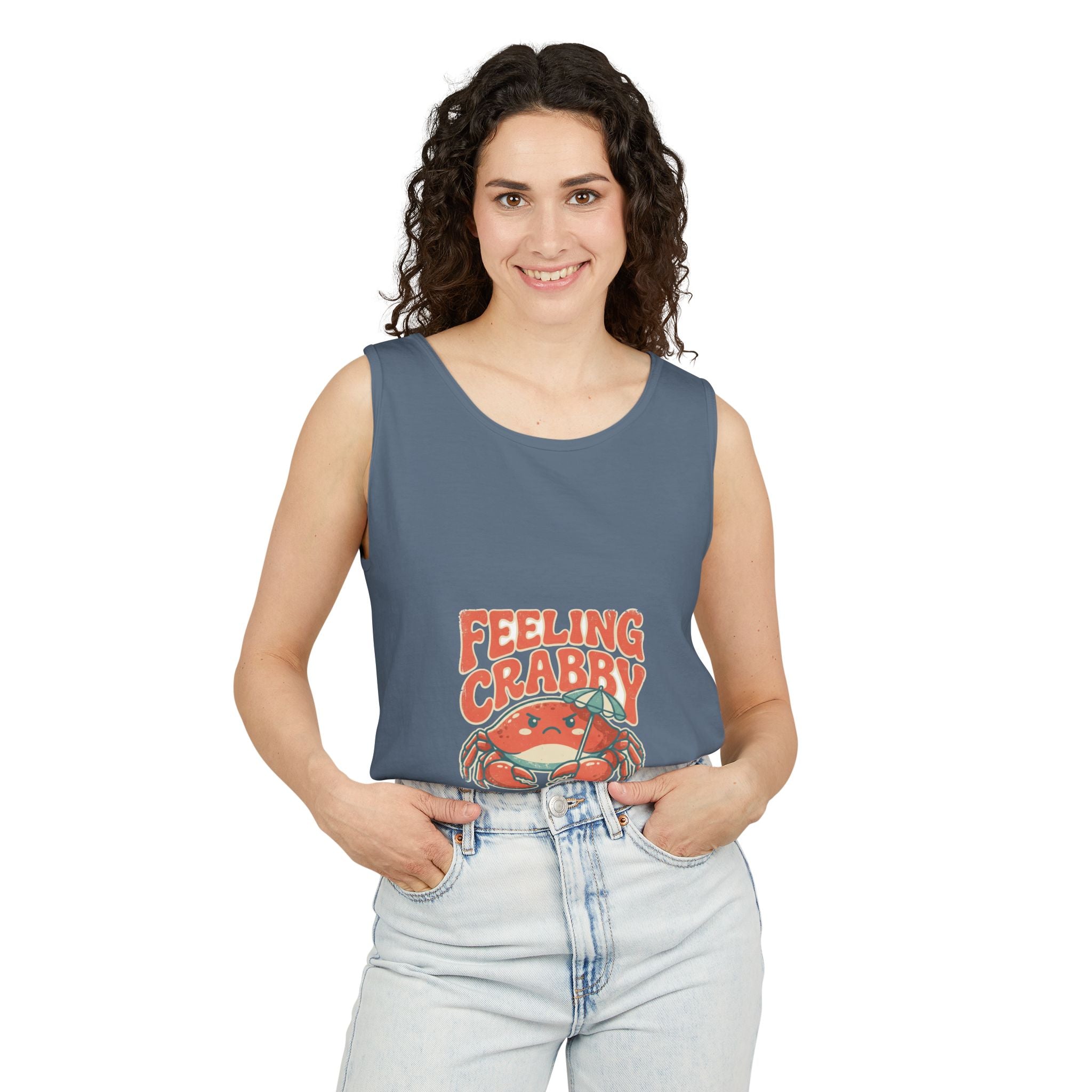 Feeling Crabby summer tank top, retro grumpy crab and beach umbrella graphic on soft garment dyed cotton
