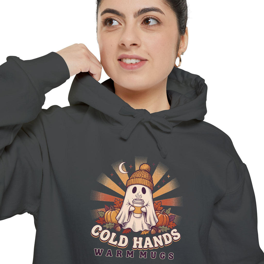 Cozy Ghost Hoodie | Cold Hands Warm Mugs Fall Coffee Art | Comfort Colors Garment Dyed