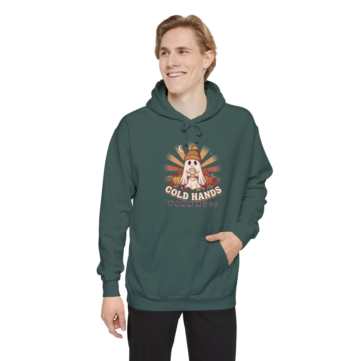 Cozy Ghost Hoodie | Cold Hands Warm Mugs Fall Coffee Art | Comfort Colors Garment Dyed