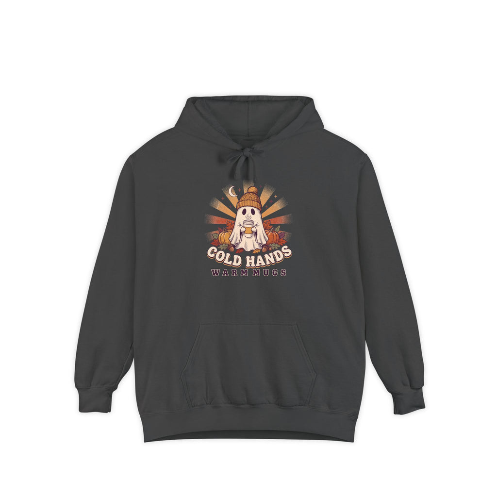 Cozy Ghost Hoodie | Cold Hands Warm Mugs Fall Coffee Art | Comfort Colors Garment Dyed