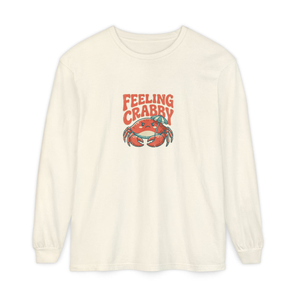 Feeling Crabby long sleeve tee on Comfort Colors garment-dyed cotton — grumpy retro crab with beach umbrella, funny coastal shirt