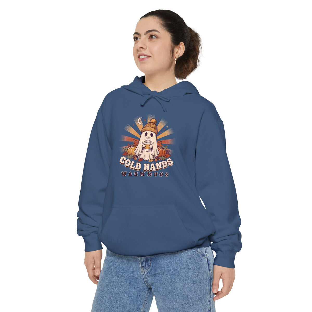 Cozy Ghost Hoodie | Cold Hands Warm Mugs Fall Coffee Art | Comfort Colors Garment Dyed