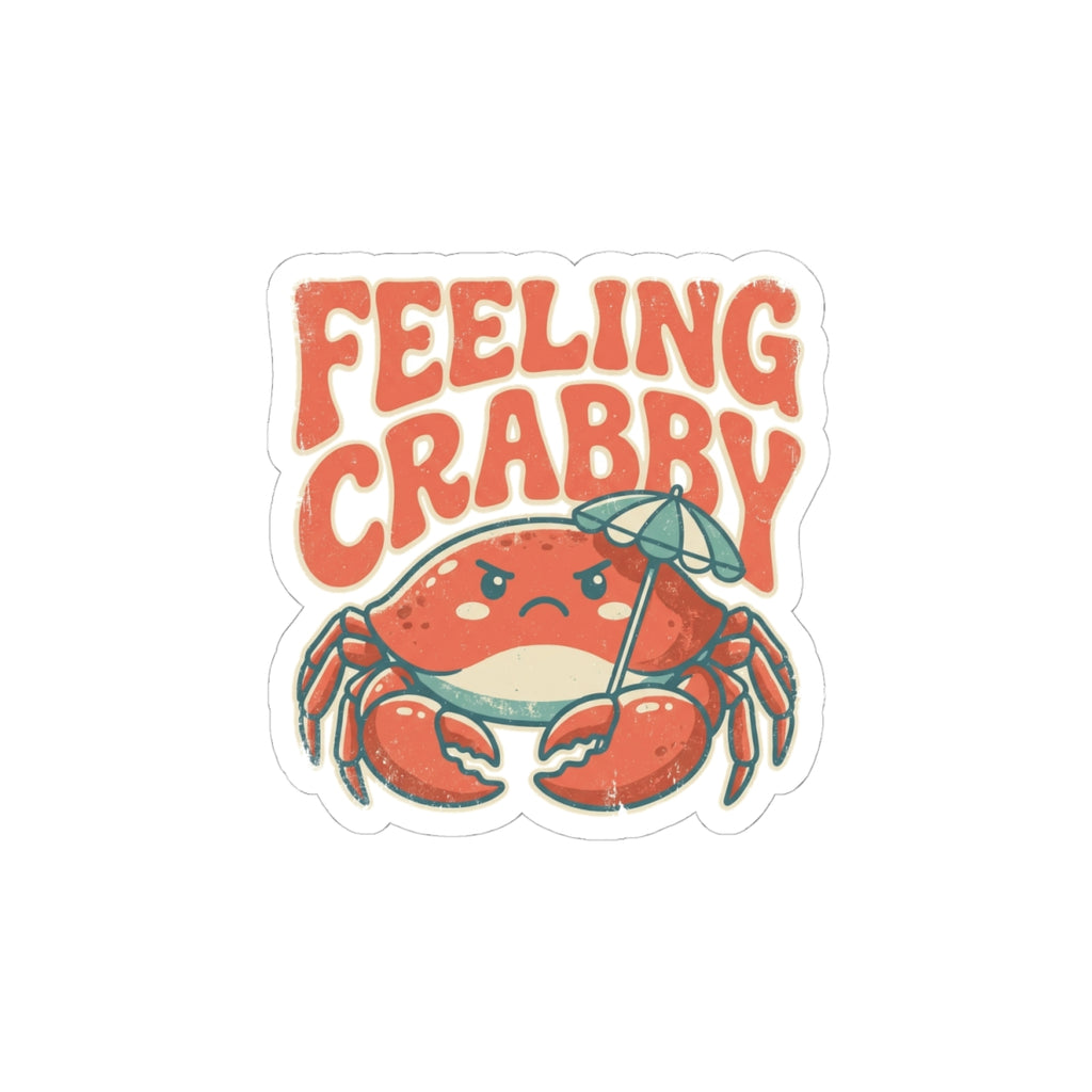 Feeling Crabby kiss cut vinyl sticker, grumpy retro crab under a beach umbrella design