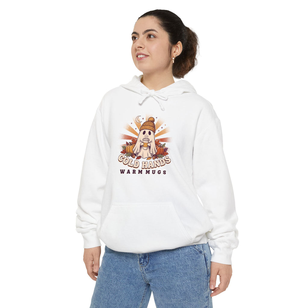 Cozy Ghost Hoodie | Cold Hands Warm Mugs Fall Coffee Art | Comfort Colors Garment Dyed
