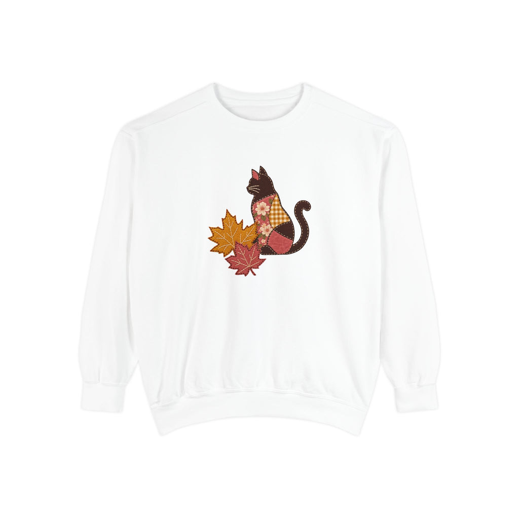 Black Cat Crewneck Sweatshirt | Patchwork Cat and Fall Leaves | Comfort Colors Garment Dyed