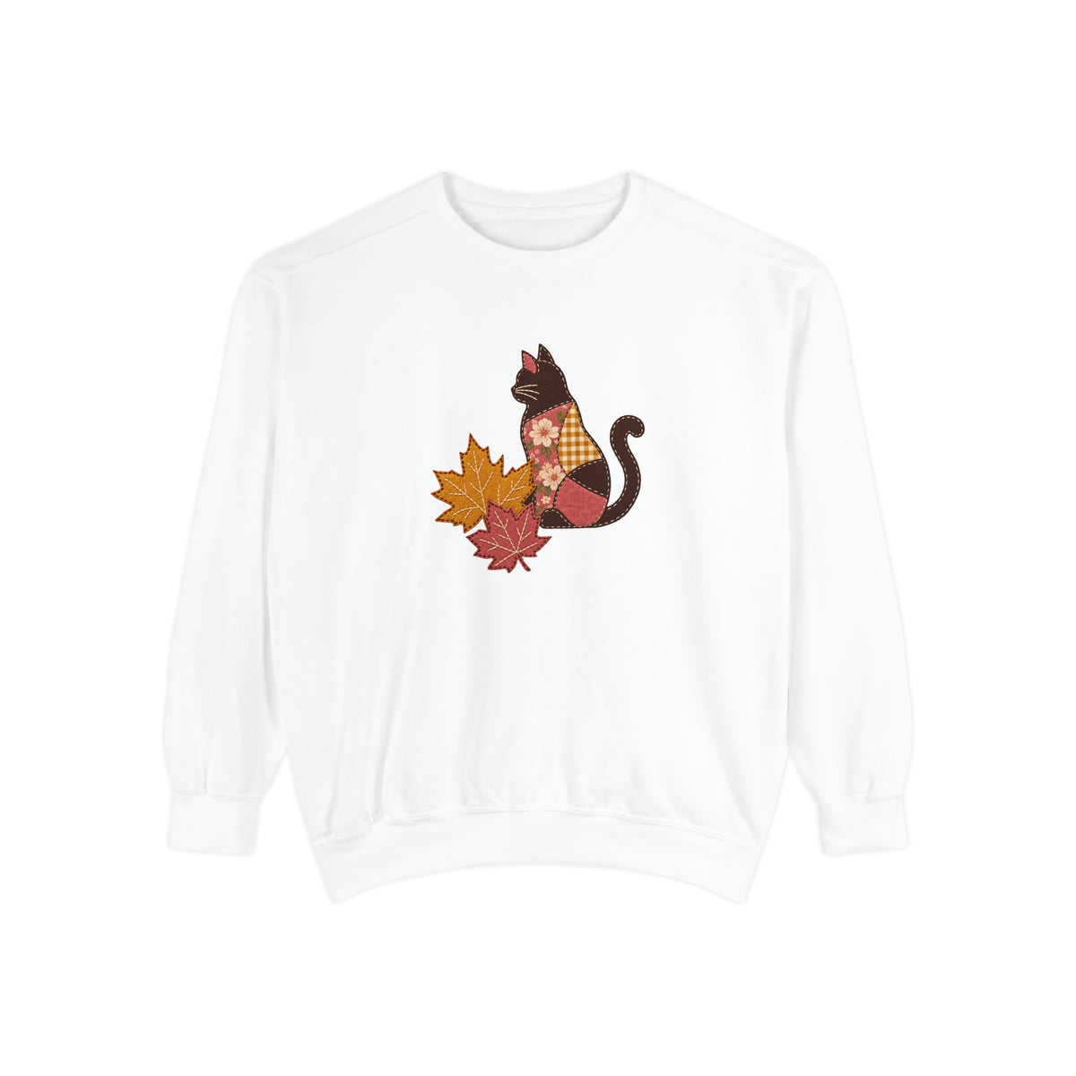Black Cat Crewneck Sweatshirt | Patchwork Cat and Fall Leaves | Comfort Colors Garment Dyed