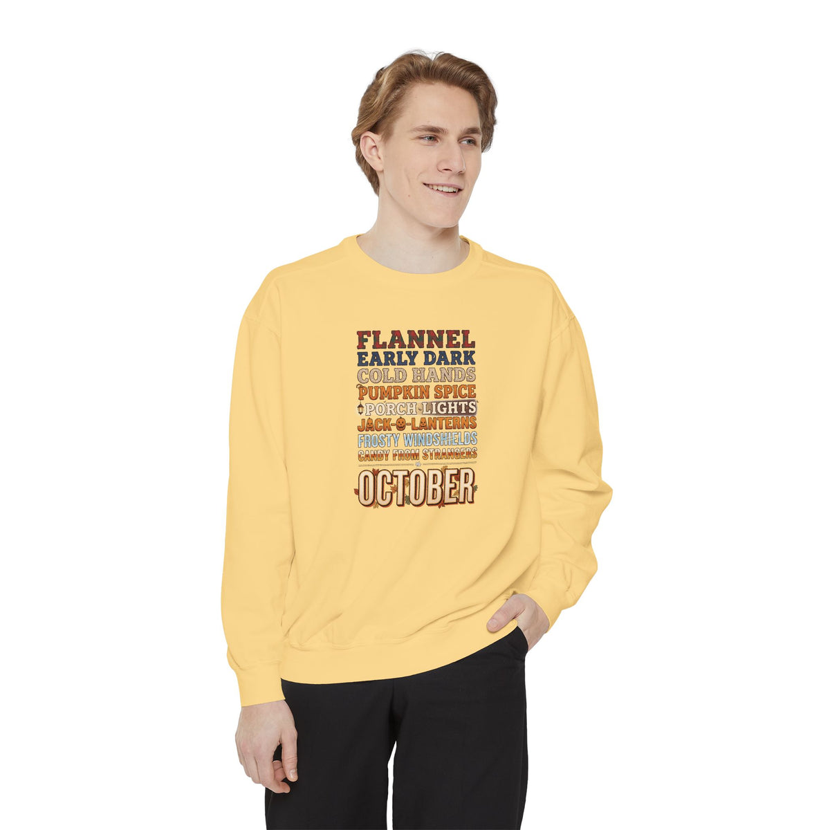 October Crewneck Sweatshirt | Flannel Early Dark Cold Hands Fall List | Comfort Colors Garment Dyed
