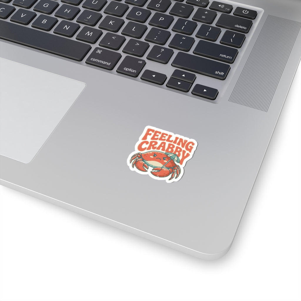 Feeling Crabby die cut vinyl beach sticker, retro grumpy crab and umbrella graphic