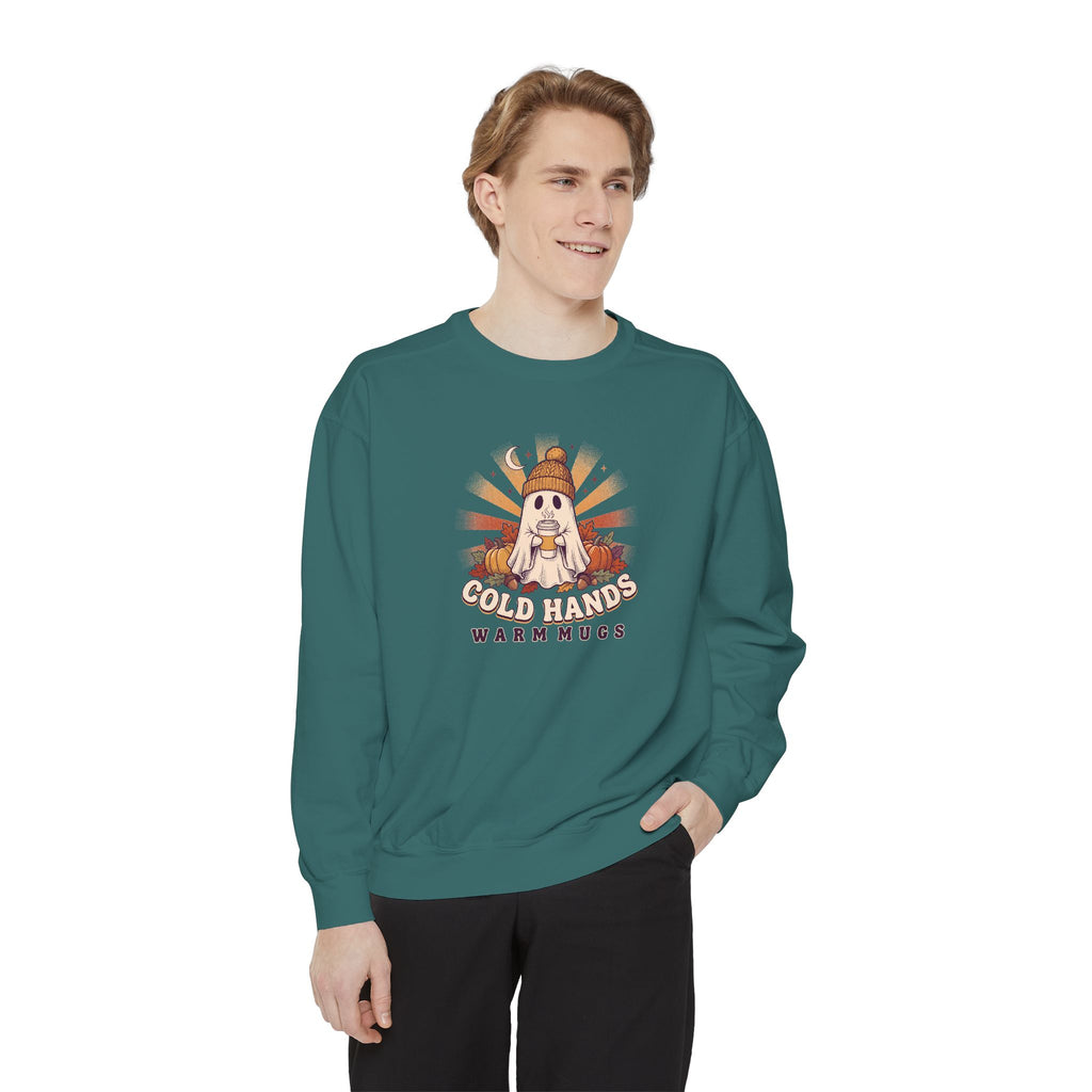 Cozy Ghost Crewneck Sweatshirt | Cold Hands Warm Mugs Fall Coffee Art | Comfort Colors Garment Dyed