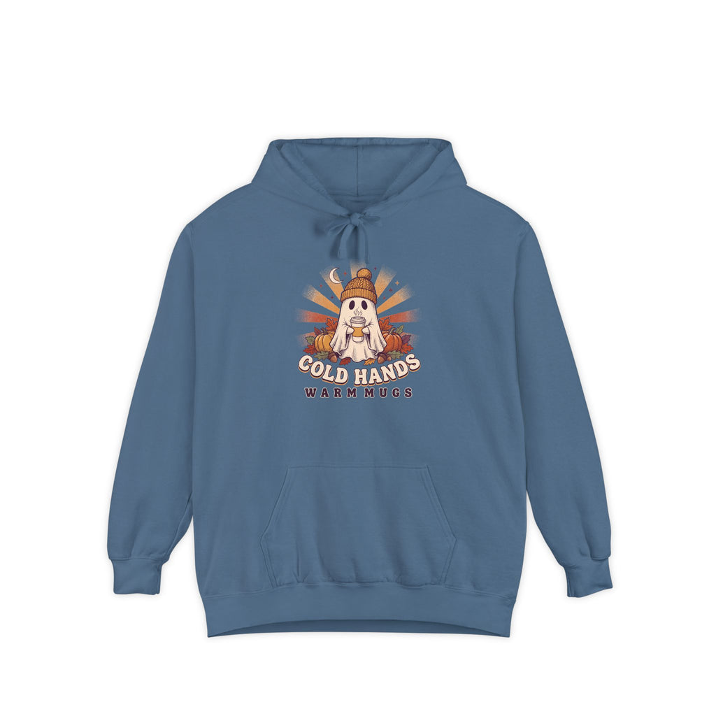 Cozy Ghost Hoodie | Cold Hands Warm Mugs Fall Coffee Art | Comfort Colors Garment Dyed