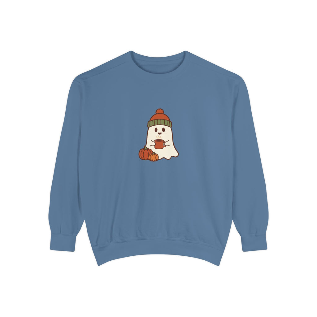 Retro Ghost Crewneck Sweatshirt | Ghost in a Knitted Beanie Cocoa Art | Comfort Colors Garment Dyed