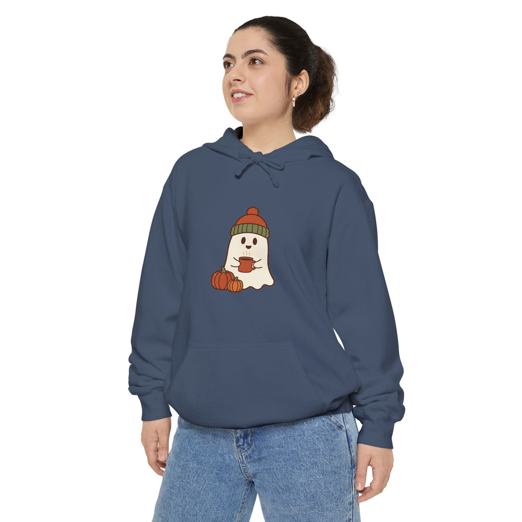 Retro Ghost Hoodie | Ghost in a Knitted Beanie Cocoa Art | Comfort Colors Garment Dyed