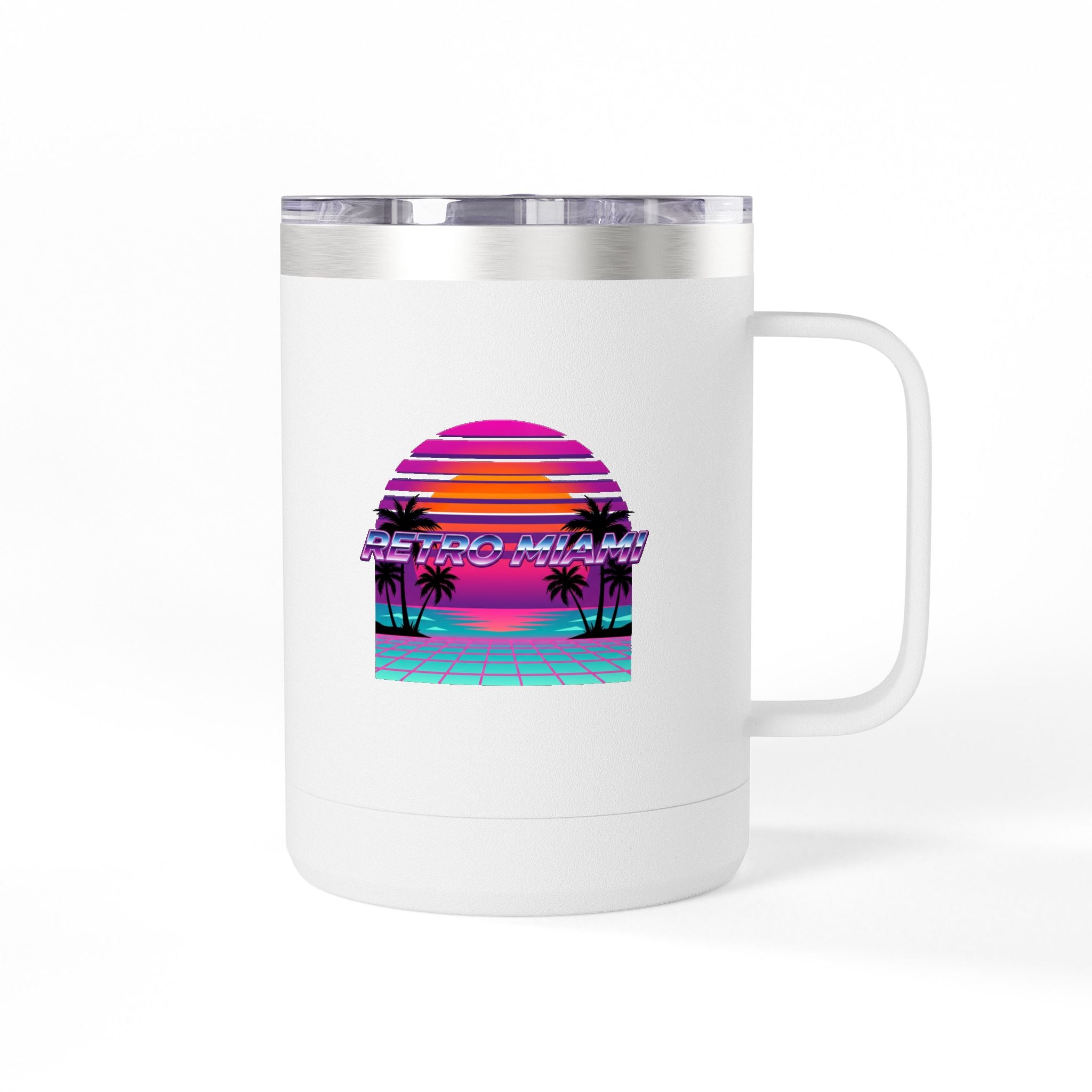 Retro Miami Sunset 15oz Coffee Tumbler — 80s Synthwave Insulated Mug