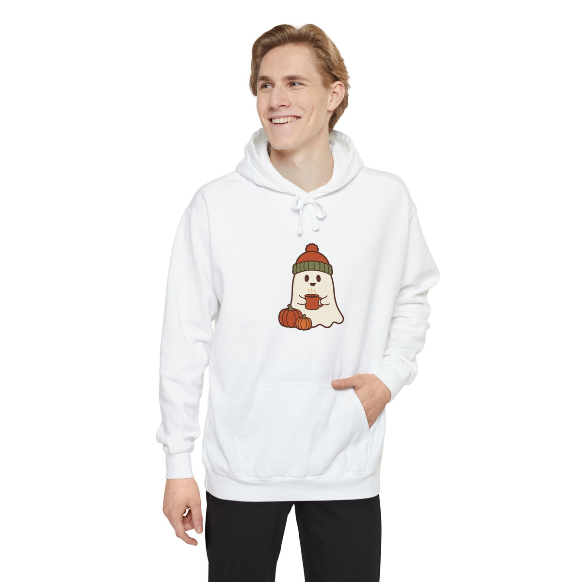 Retro Ghost Hoodie | Ghost in a Knitted Beanie Cocoa Art | Comfort Colors Garment Dyed