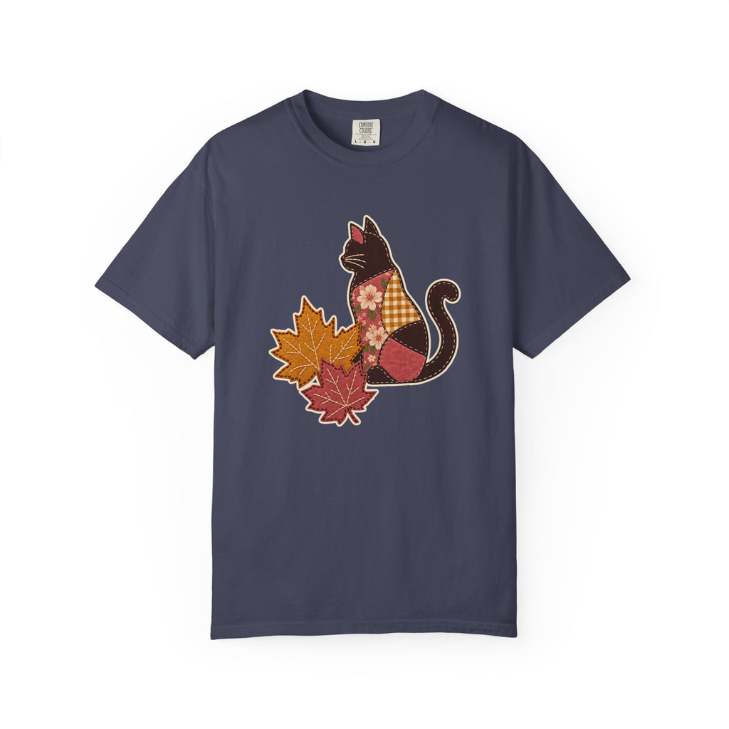 Black Cat Tee | Patchwork Cat and Fall Leaves | Comfort Colors Garment Dyed