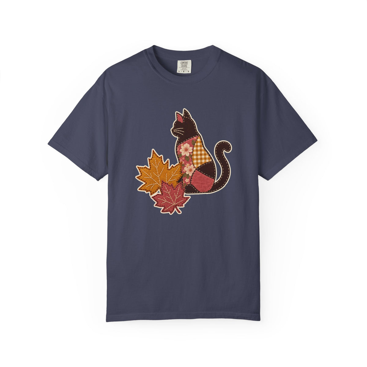 Black Cat Tee | Patchwork Cat and Fall Leaves | Comfort Colors Garment Dyed