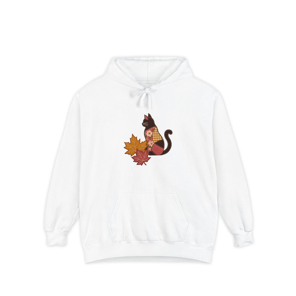 Black Cat Hoodie | Patchwork Cat and Fall Leaves | Comfort Colors Garment Dyed