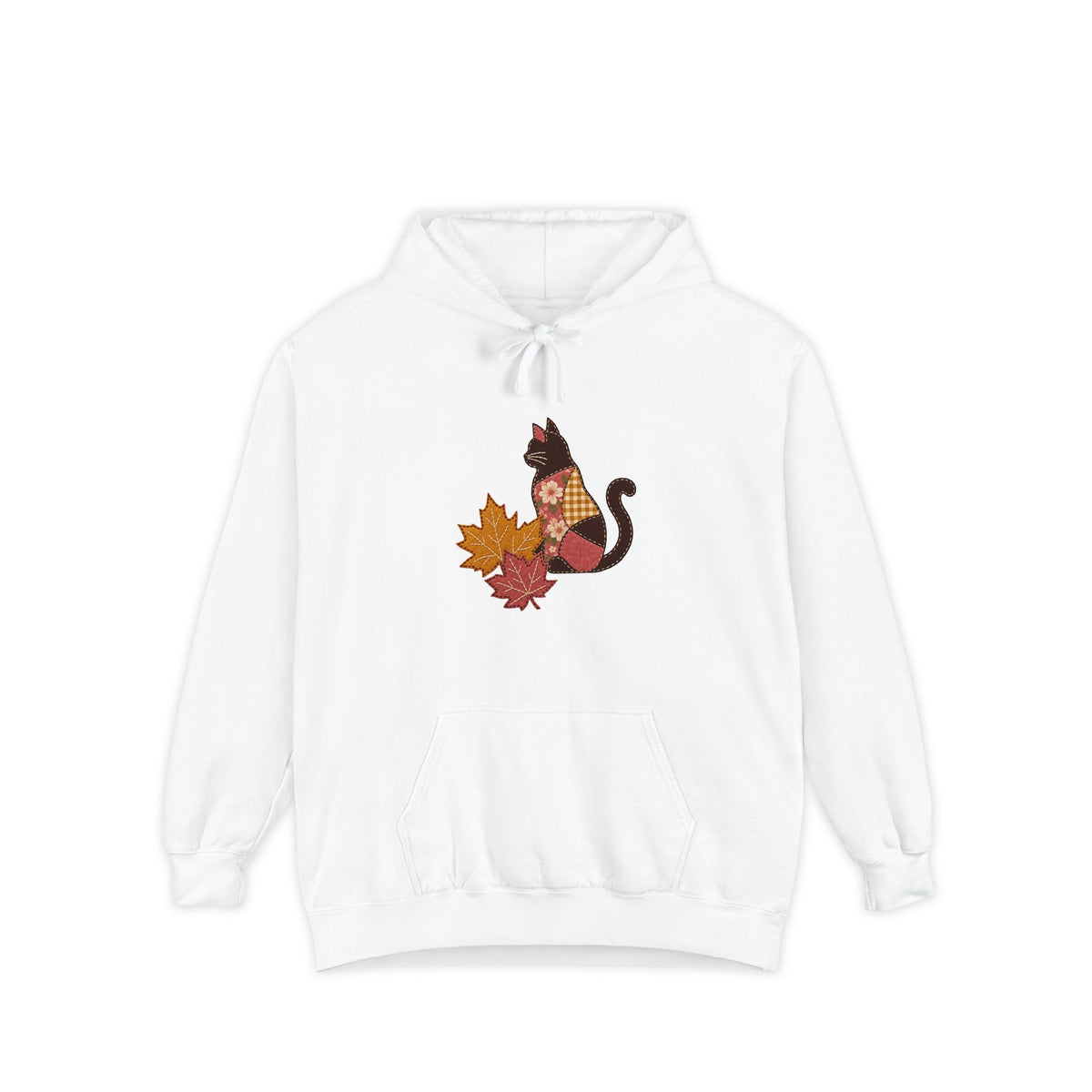 Black Cat Hoodie | Patchwork Cat and Fall Leaves | Comfort Colors Garment Dyed