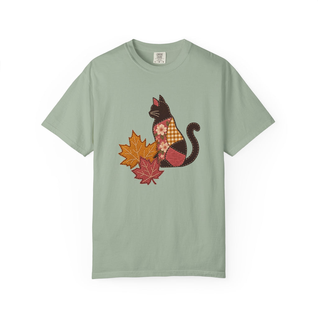 Black Cat Tee | Patchwork Cat and Fall Leaves | Comfort Colors Garment Dyed