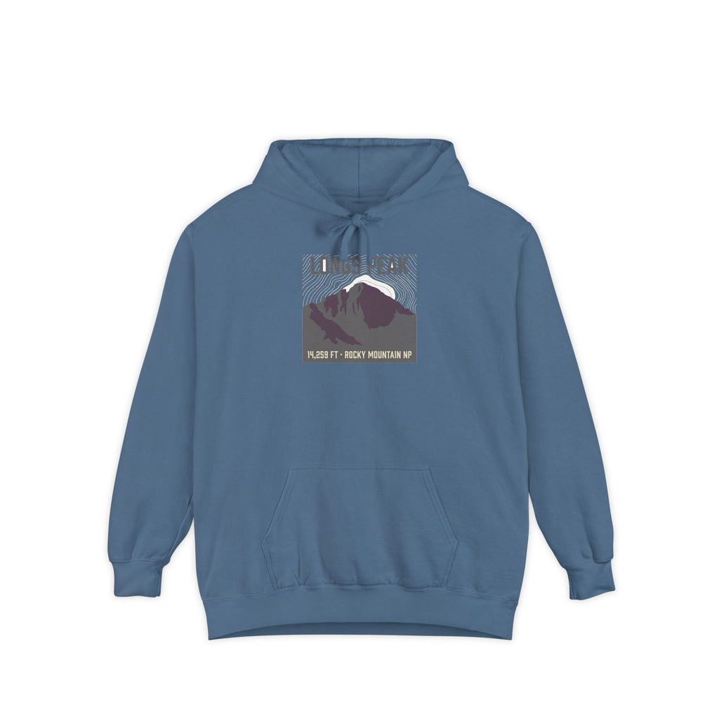Longs Peak Colorado 14er hoodie in Blue Jean, 14,259 ft Rocky Mountain National Park summit badge on the chest