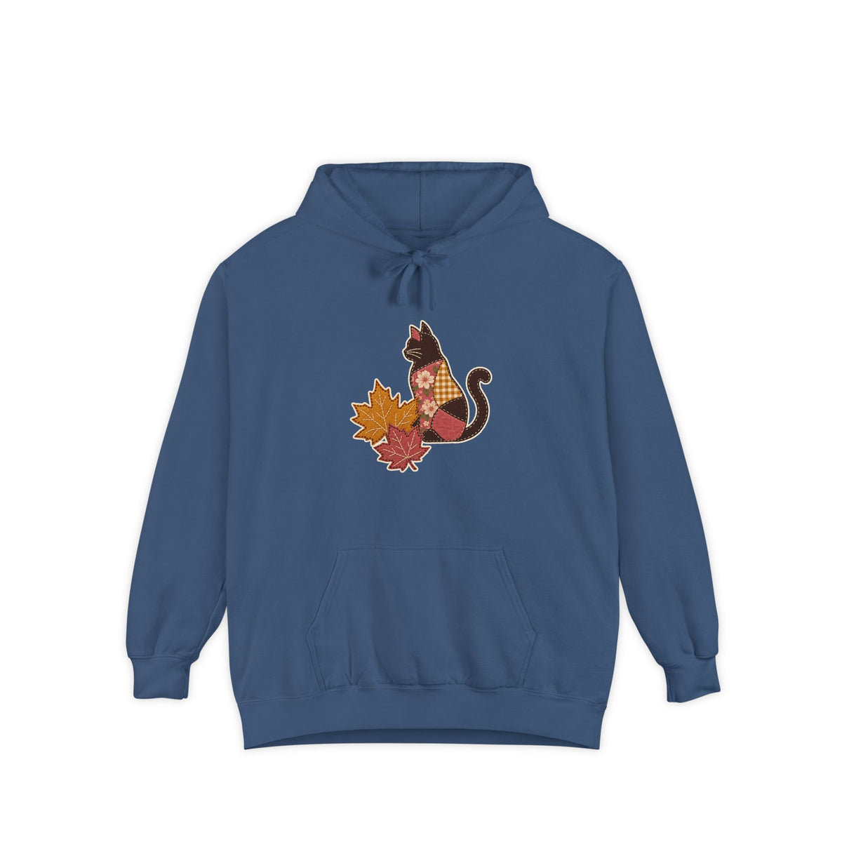 Black Cat Hoodie | Patchwork Cat and Fall Leaves | Comfort Colors Garment Dyed