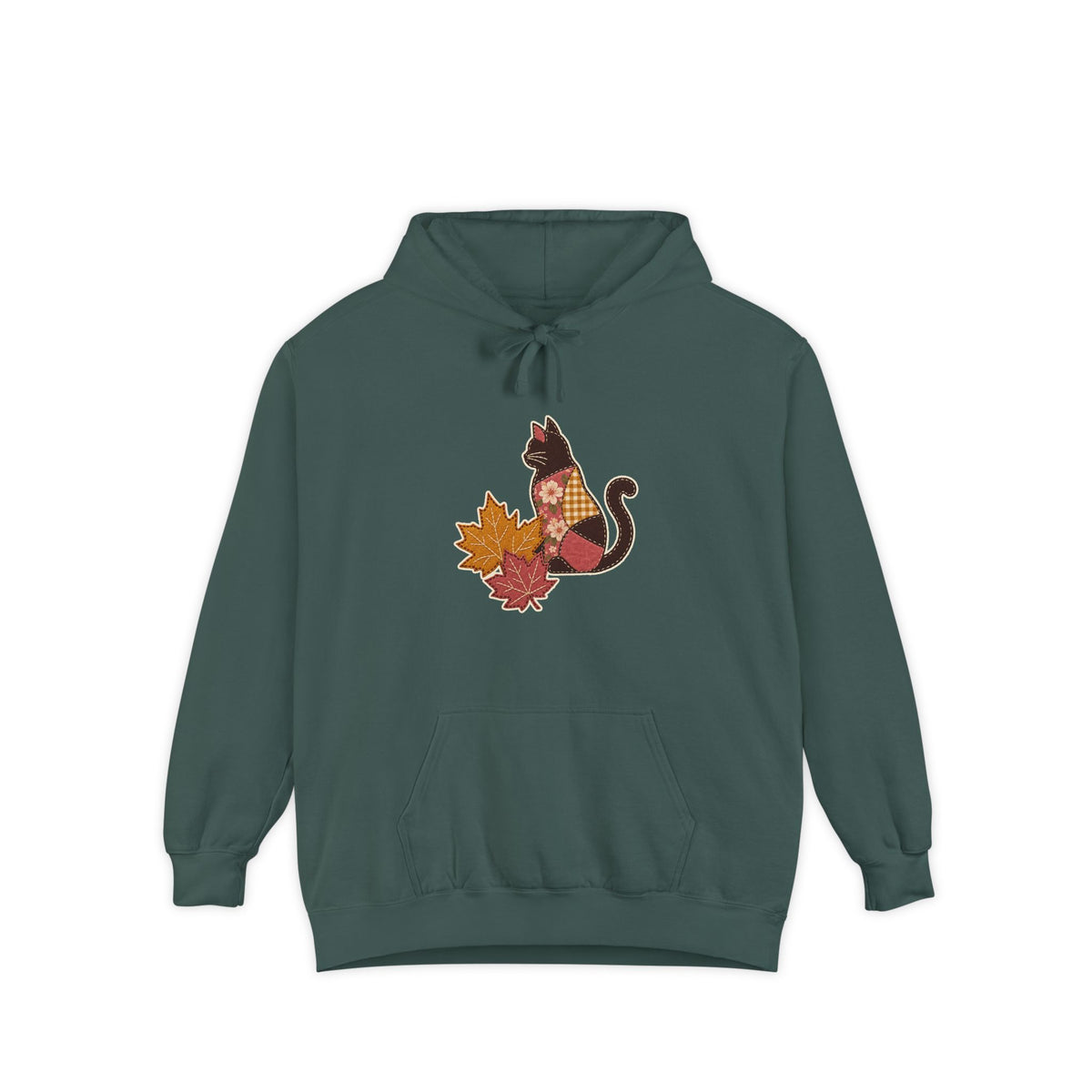 Black Cat Hoodie | Patchwork Cat and Fall Leaves | Comfort Colors Garment Dyed