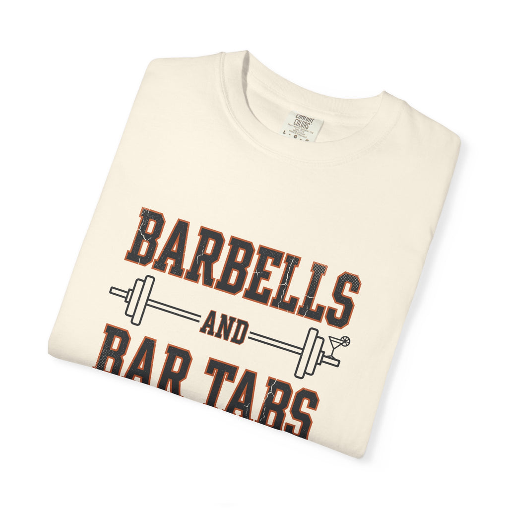 Barbells And Bar Tabs distressed collegiate design with a barbell and a cocktail glass on a garment dyed Comfort Colors tee