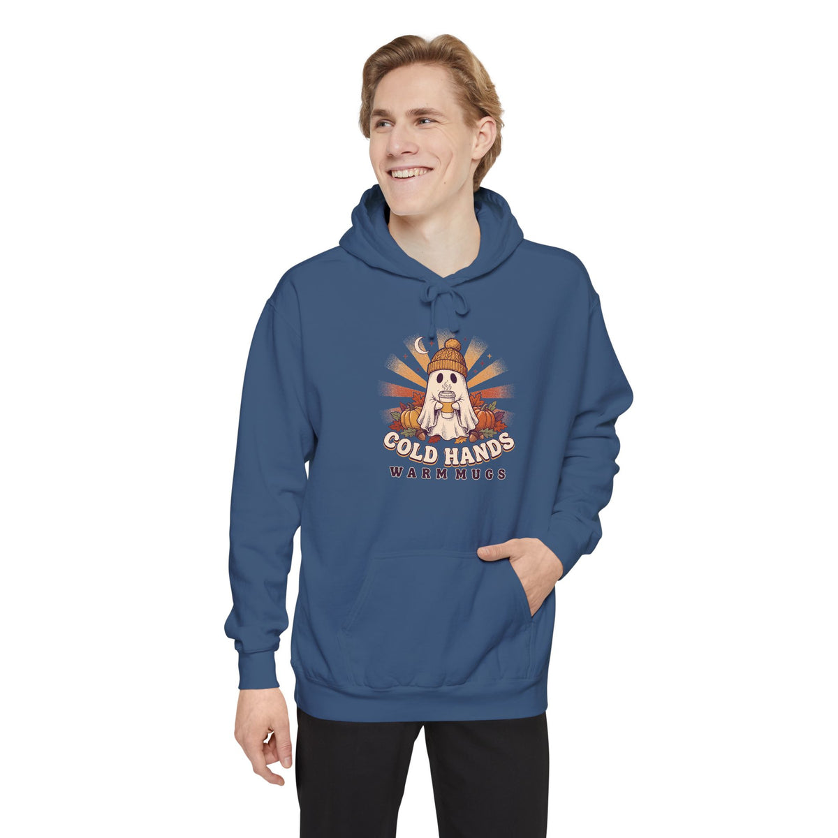 Cozy Ghost Hoodie | Cold Hands Warm Mugs Fall Coffee Art | Comfort Colors Garment Dyed