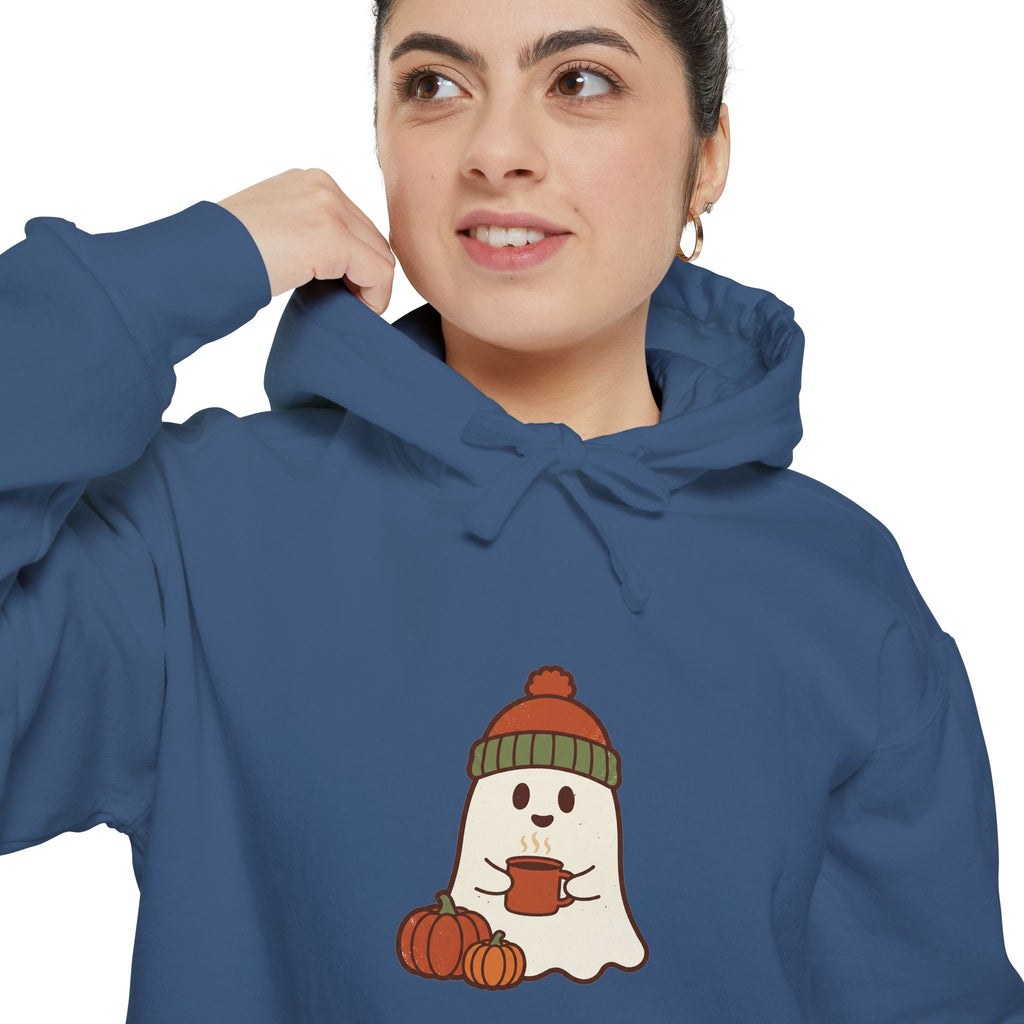 Retro Ghost Hoodie | Ghost in a Knitted Beanie Cocoa Art | Comfort Colors Garment Dyed