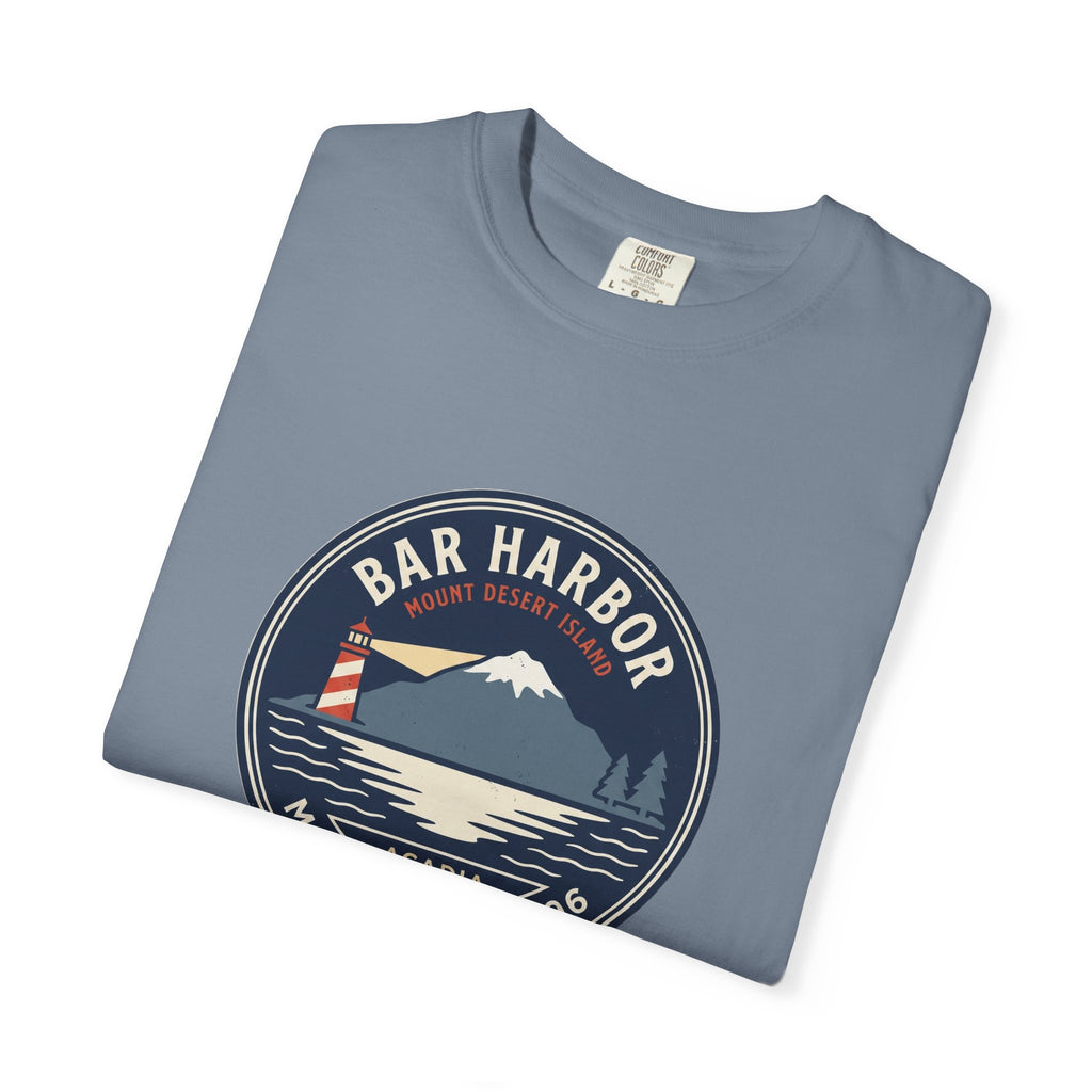 Bar Harbor Maine tee, Acadia vintage badge with lighthouse, Cadillac Mountain and evergreens in a navy roundel, EST. 1796
