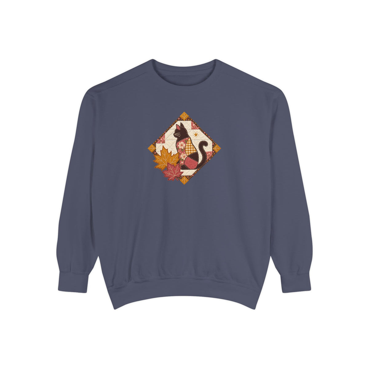 Black Cat Crewneck Sweatshirt | Vintage Patchwork Quilt Fall Art | Comfort Colors Garment Dyed