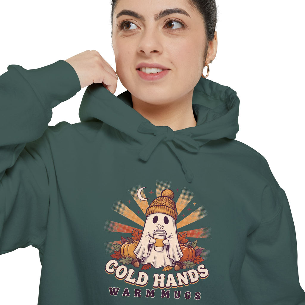 Cozy Ghost Hoodie | Cold Hands Warm Mugs Fall Coffee Art | Comfort Colors Garment Dyed