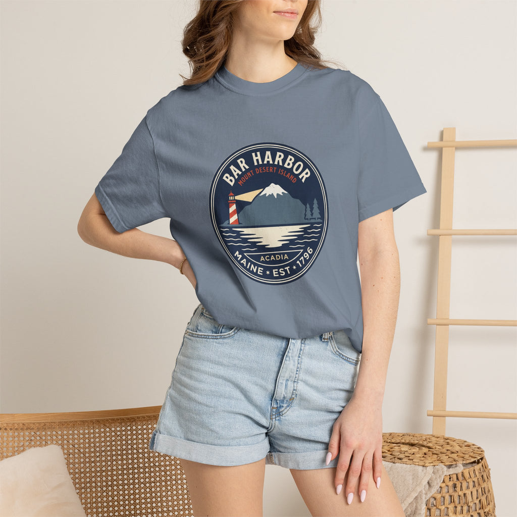 Bar Harbor Maine tee, Acadia vintage badge with lighthouse, Cadillac Mountain and evergreens in a navy roundel, EST. 1796