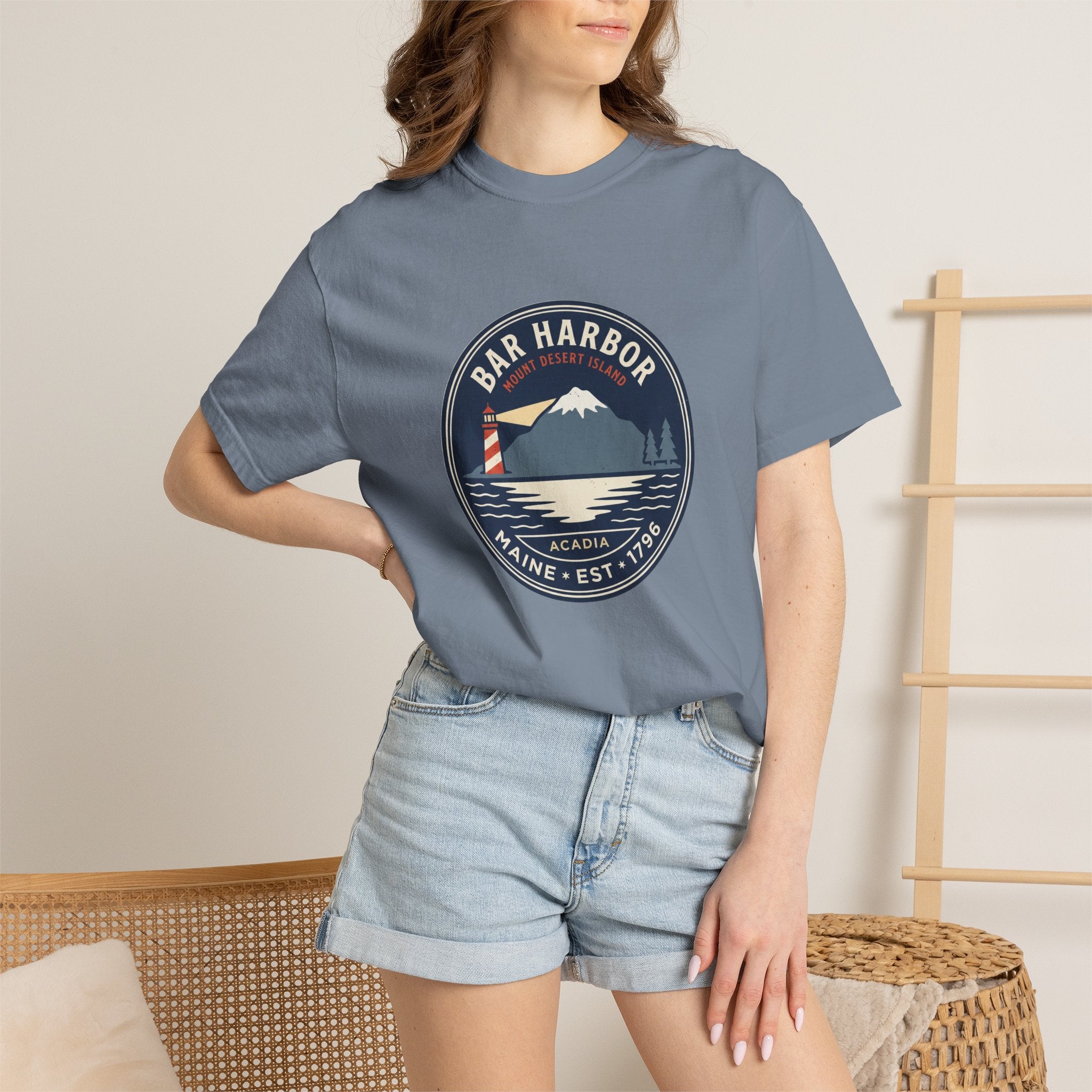 Bar Harbor Maine tee, Acadia vintage badge with lighthouse, Cadillac Mountain and evergreens in a navy roundel, EST. 1796