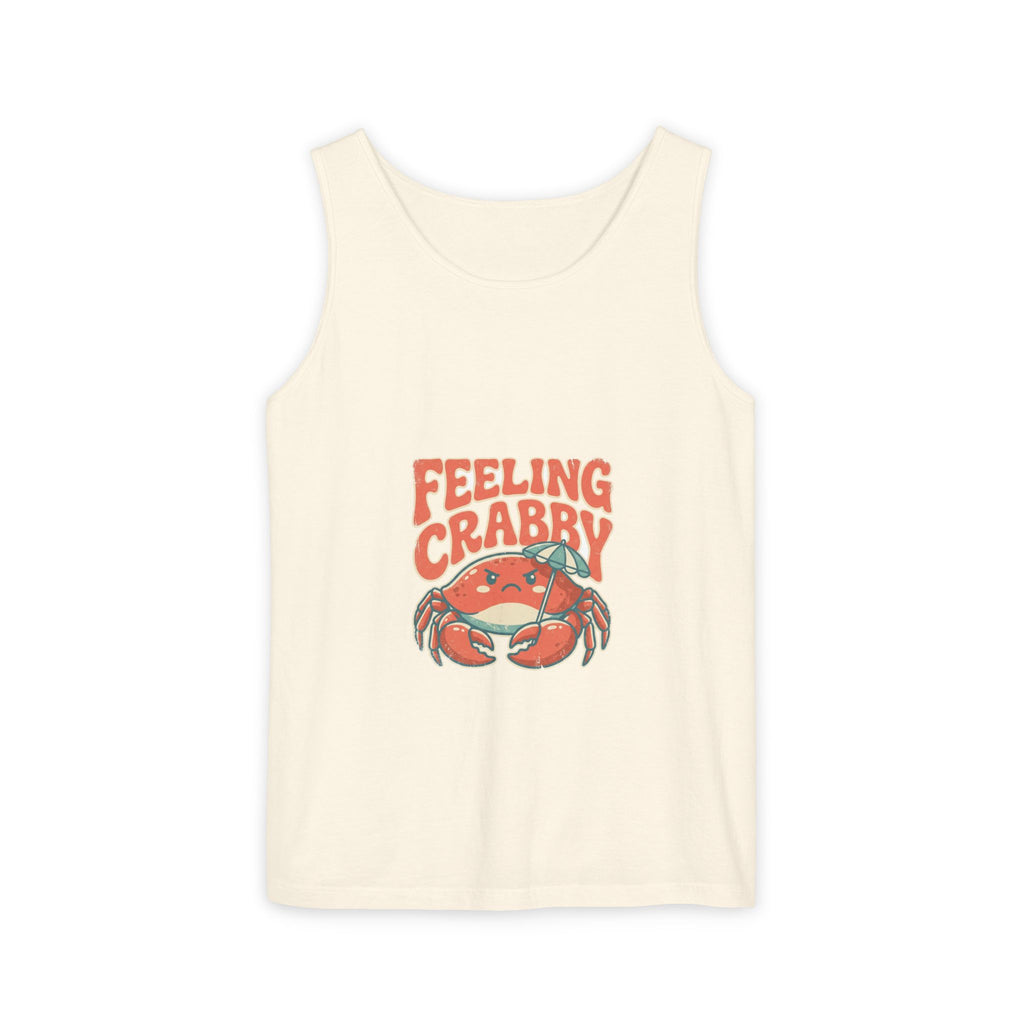 Feeling Crabby tank top on Comfort Colors garment-dyed cotton — grumpy retro crab with beach umbrella, funny summer beach tank