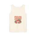 Feeling Crabby tank top on Comfort Colors garment-dyed cotton — grumpy retro crab with beach umbrella, funny summer beach tank