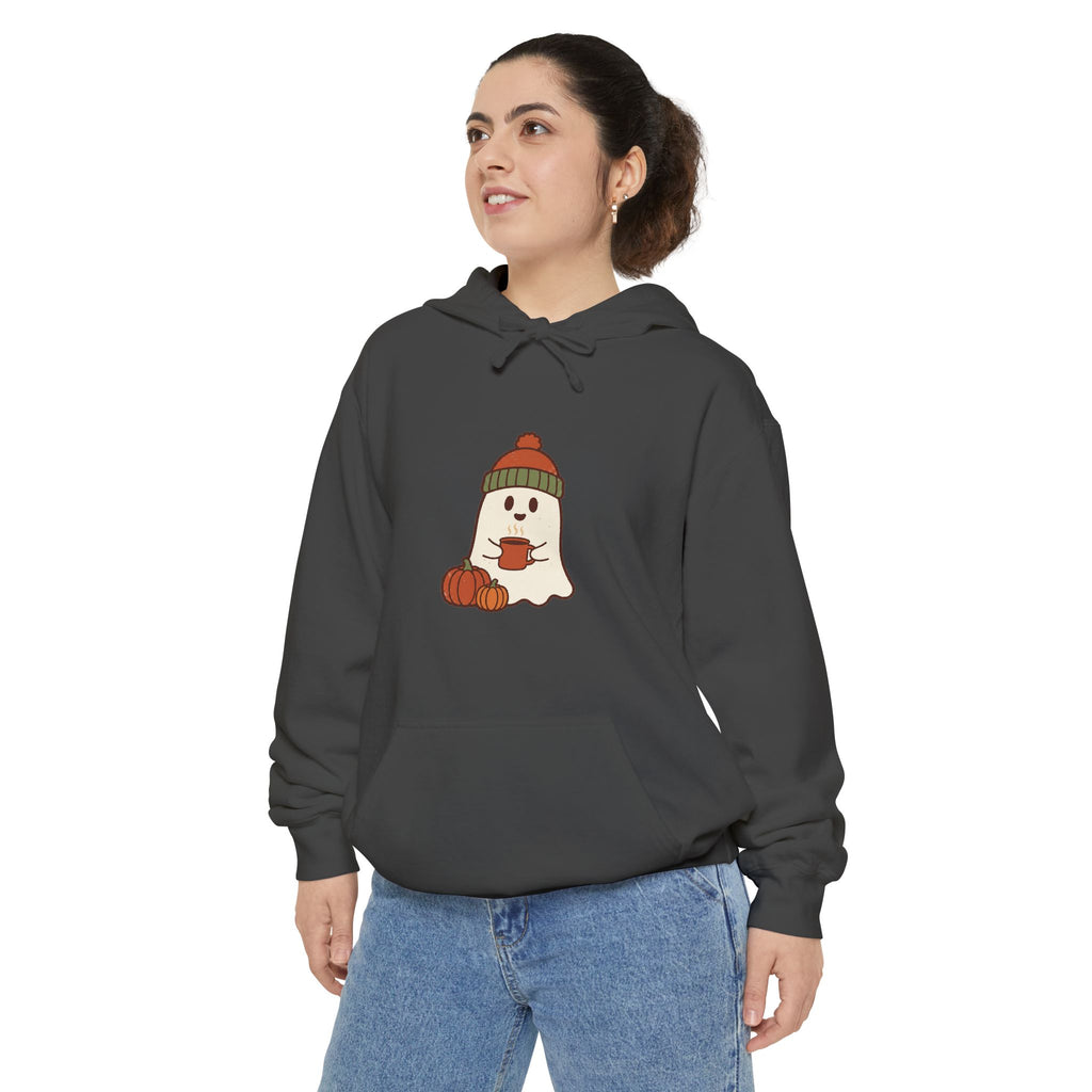 Retro Ghost Hoodie | Ghost in a Knitted Beanie Cocoa Art | Comfort Colors Garment Dyed