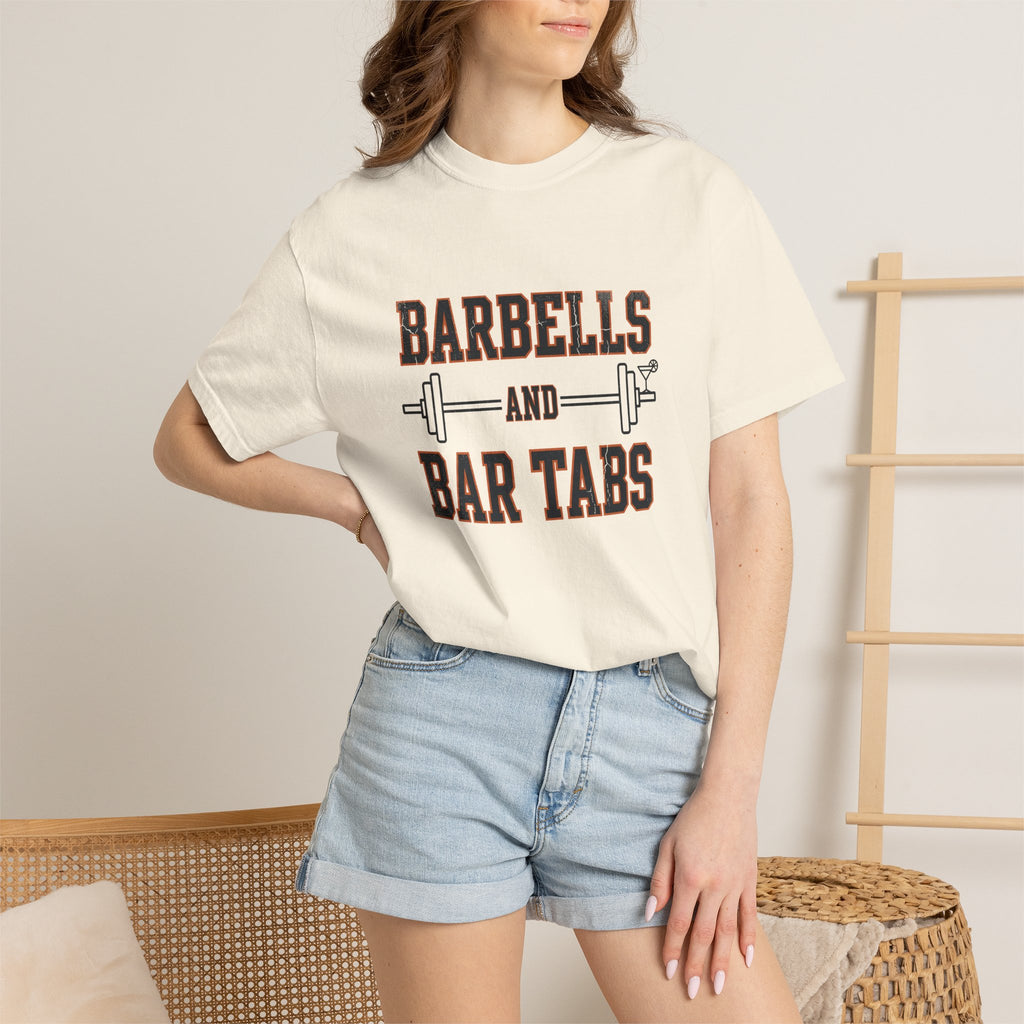 Barbells And Bar Tabs distressed collegiate design with a barbell and a cocktail glass on a garment dyed Comfort Colors tee